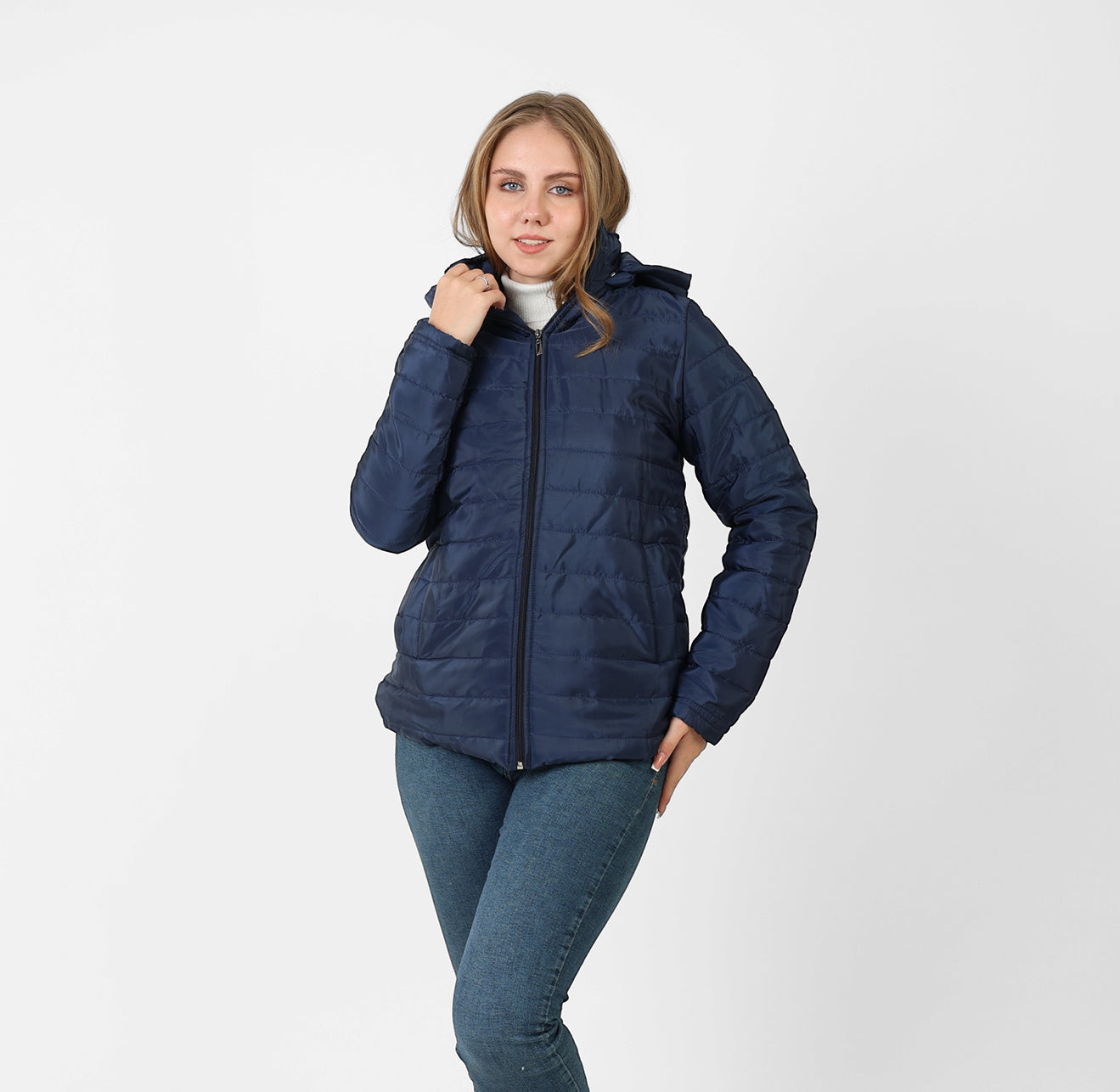 La Reine Blue Black Stand Collar Lightweight Hooded Jacket