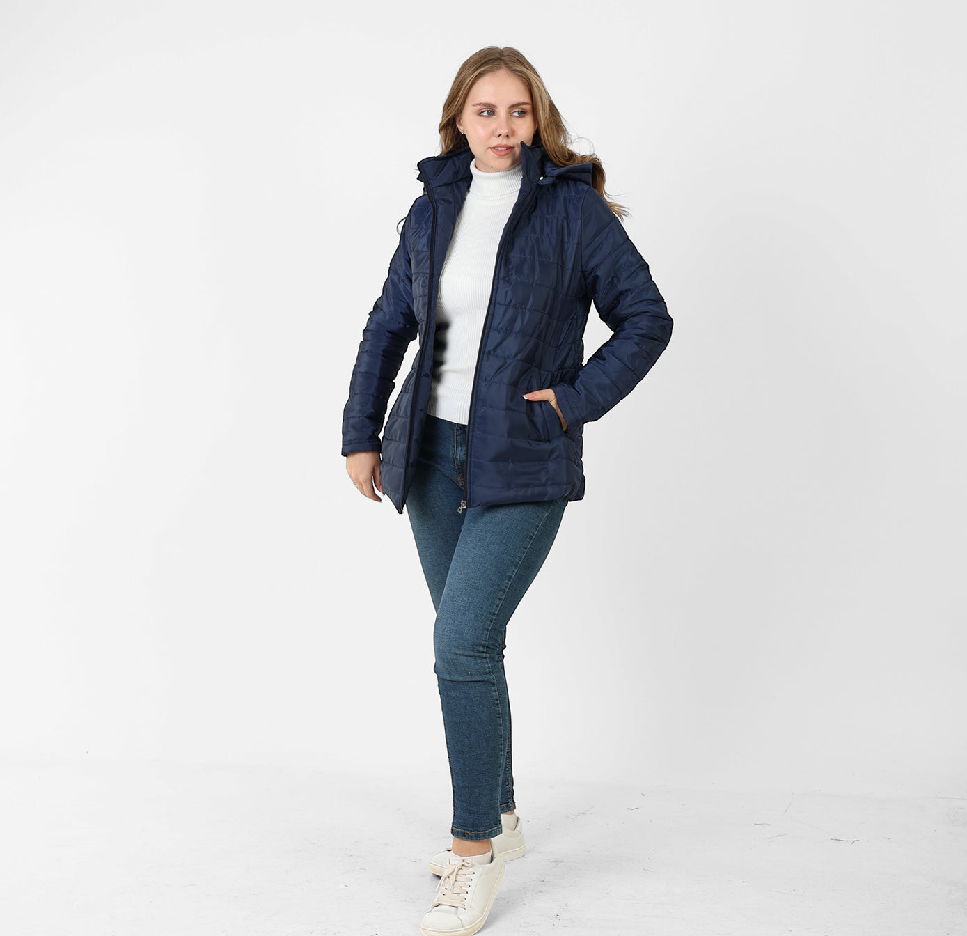 La Reine Blue Black Stand Collar Lightweight Hooded Jacket