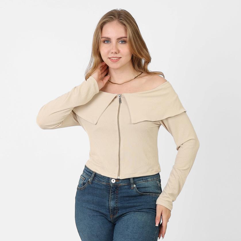 La Reine Beige Off Shoulder Long Sleeve Top with Zipper