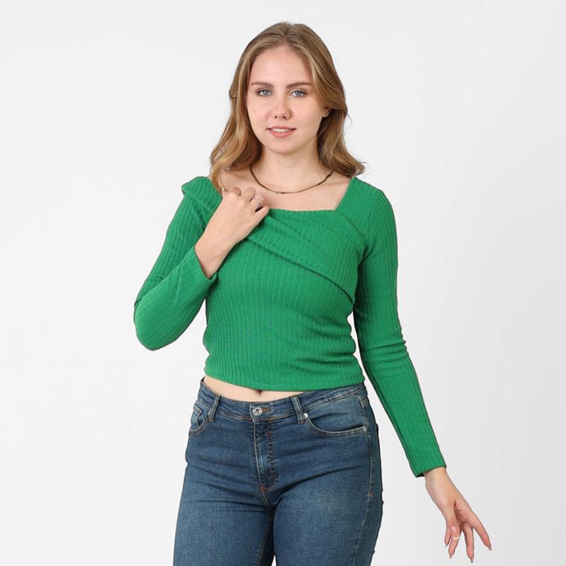 La Reine Green Asymmetric Neckline Long Sleeve Top