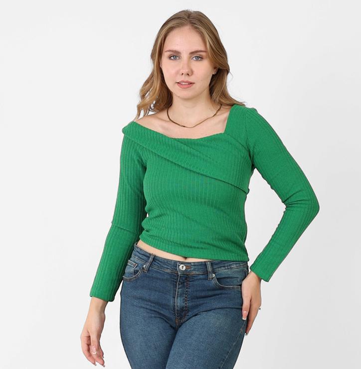La Reine Green Asymmetric Neckline Long Sleeve Top