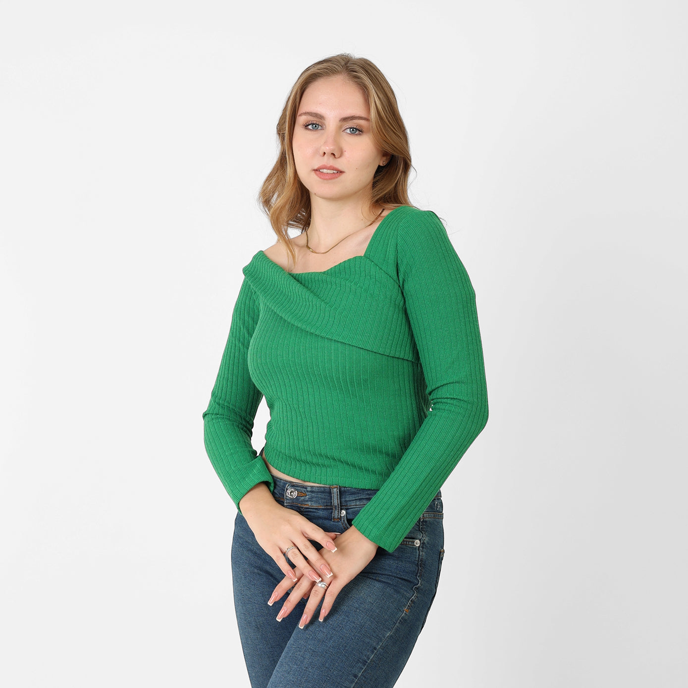 La Reine Green Asymmetric Neckline Long Sleeve Top