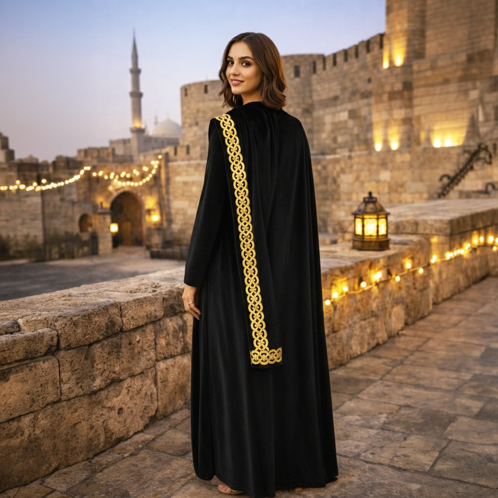 La Reine Black Velvet Shawled Kaftan with Metallic Celtic Embroidery