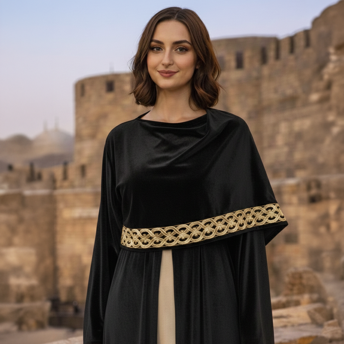La Reine Black Velvet Shawled Kaftan with Metallic Celtic Embroidery