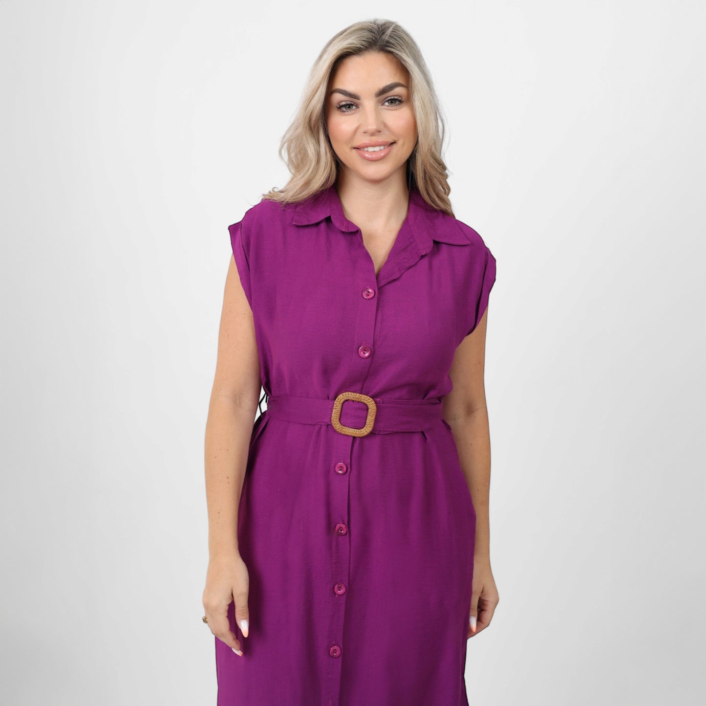 La Reine Linen Sleeveless Button Front Long Dress Purple