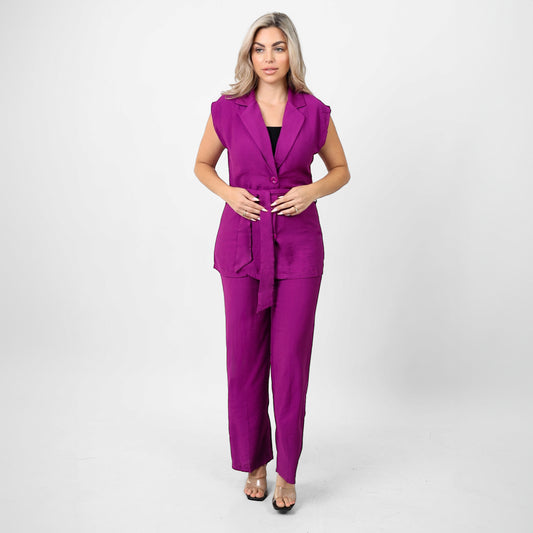 La Reine V-Neck Sleeveless Vest With Belt & Straight Leg Pants Linen Suit Set Purple