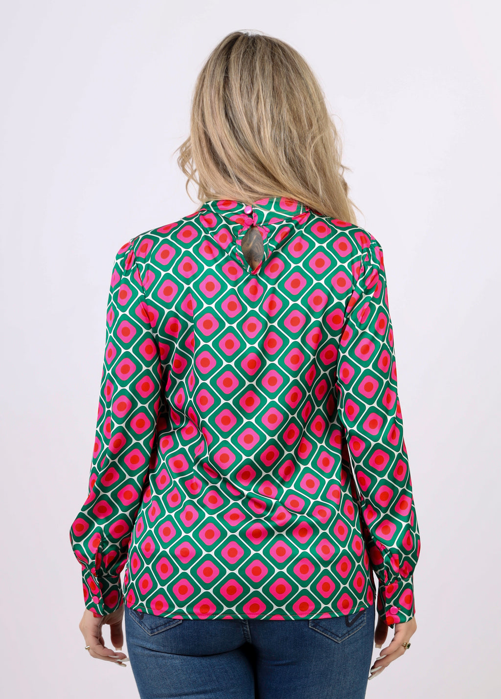 La Reine Green and Pink Block Satin Blouse