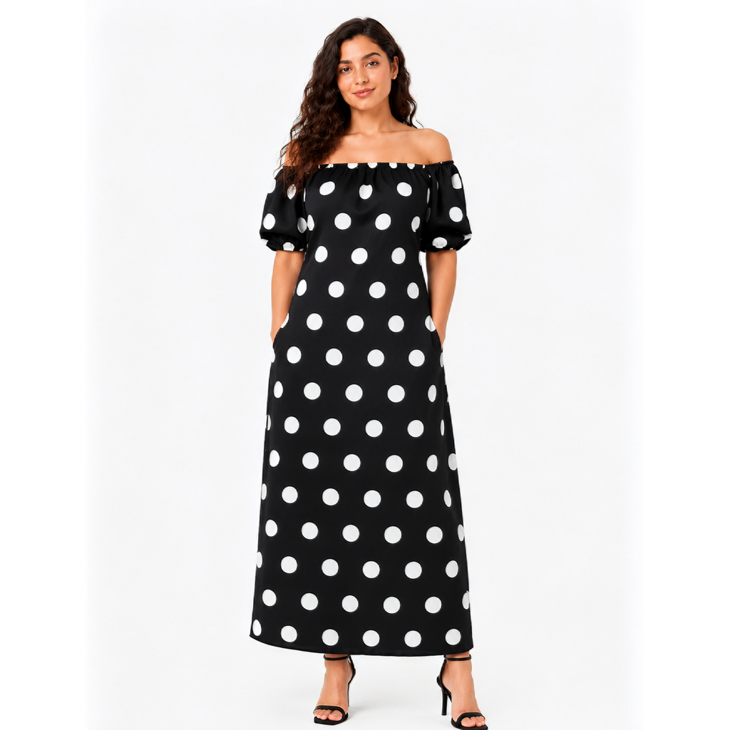 Polka Square\Off Shoulder Neck, Dress