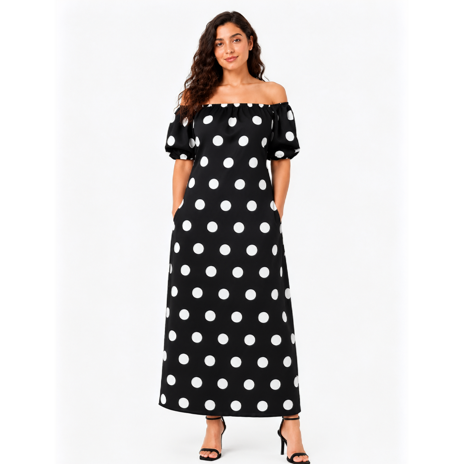 Polka Square\Off Shoulder Neck, Dress