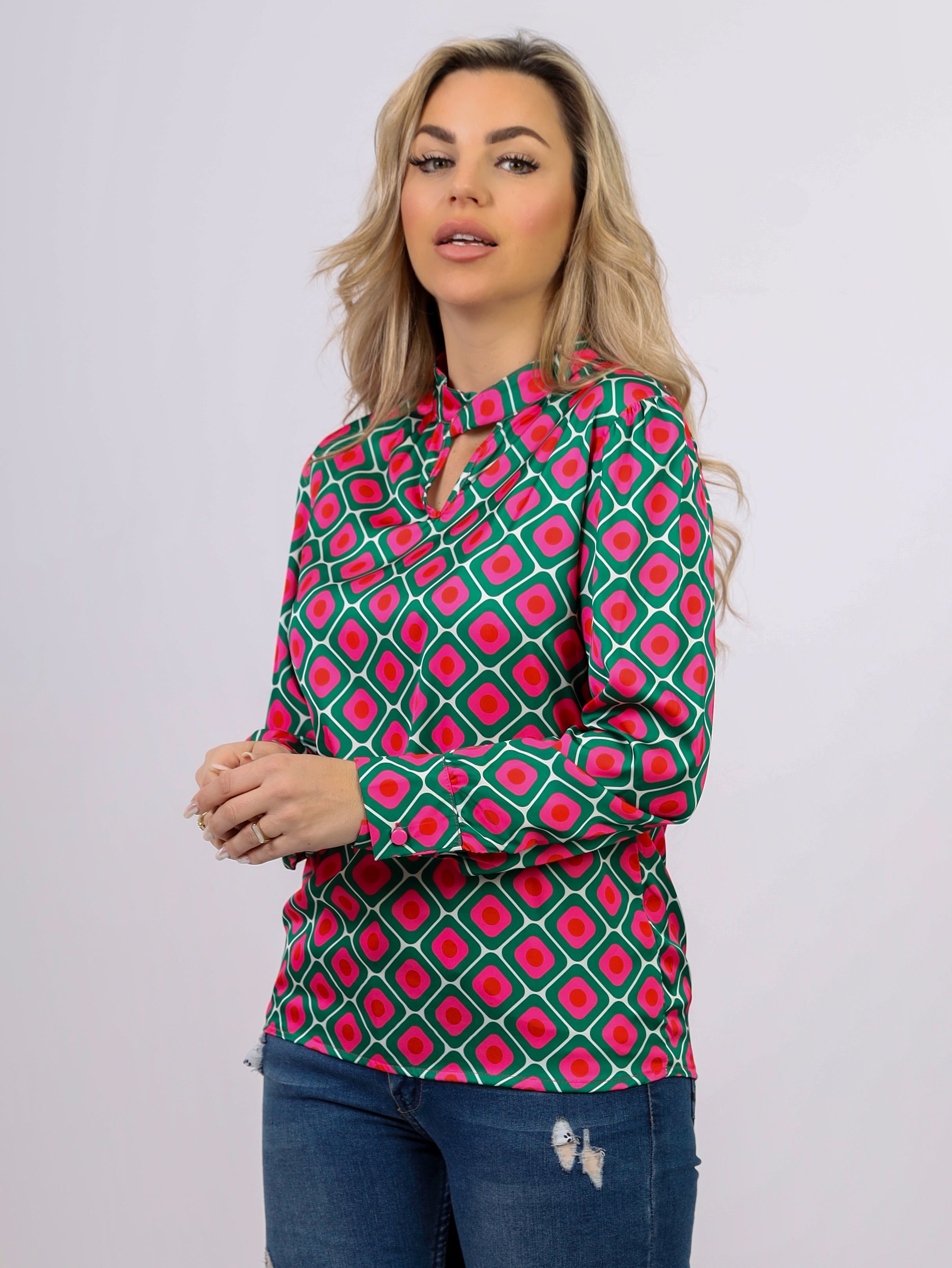 La Reine Green and Pink Block Satin Blouse