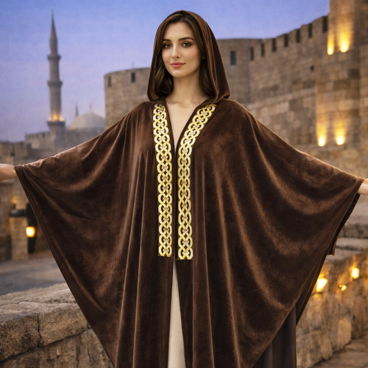 La Reine Elegant Brown Velvet Hooded Poncho with Gold Shimmer Trim
