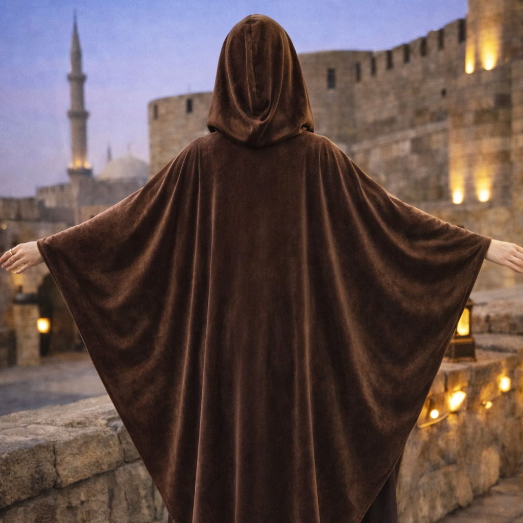 بونشو أنيق من المخمل البني من لا رين بغطاء رأس وحواف ذهبية لامعة