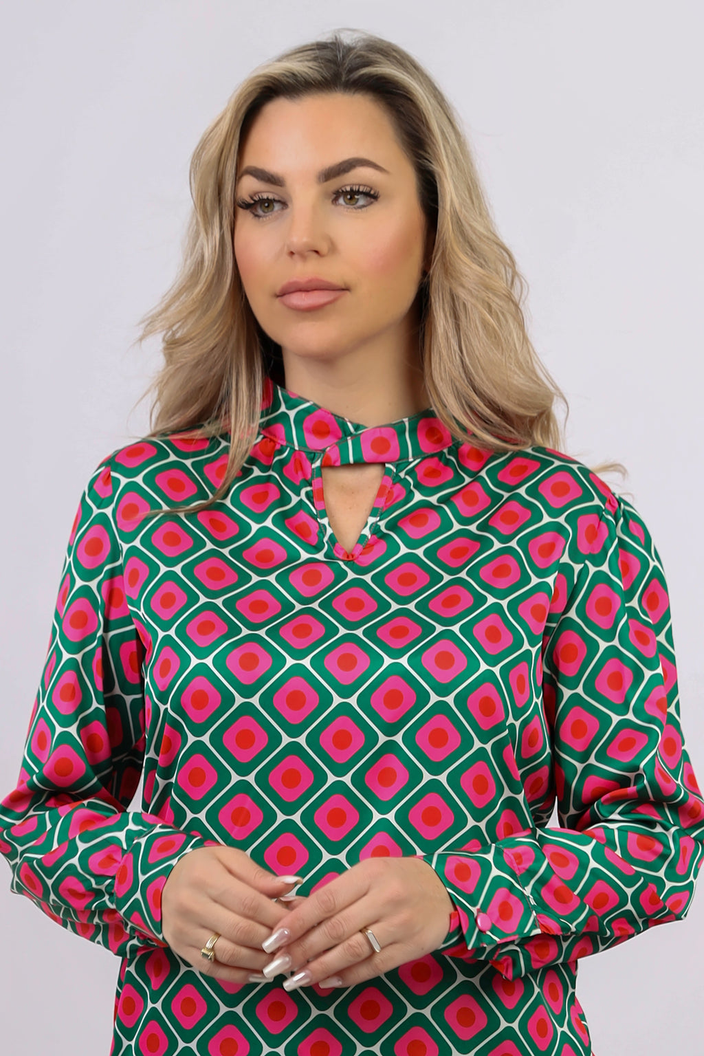 La Reine Green and Pink Block Satin Blouse