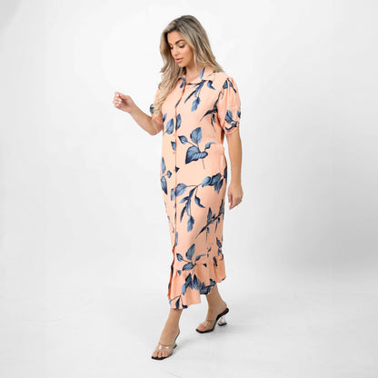 La Reine Floral Print Ruffle Hem Bubble Sleeve Dress With Belt