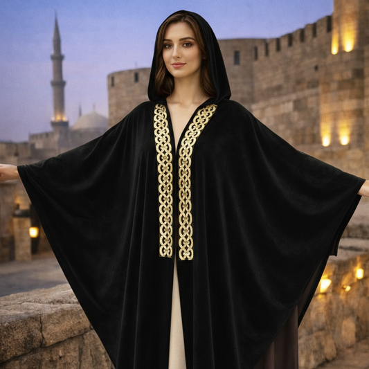La Reine Elegant Black Velvet Hooded Poncho with Gold Shimmer Trim