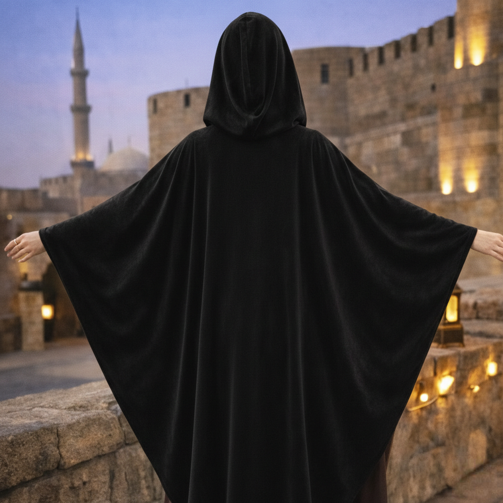 بونشو أنيق من المخمل الأسود من لا رين بغطاء رأس وحواف ذهبية لامعة