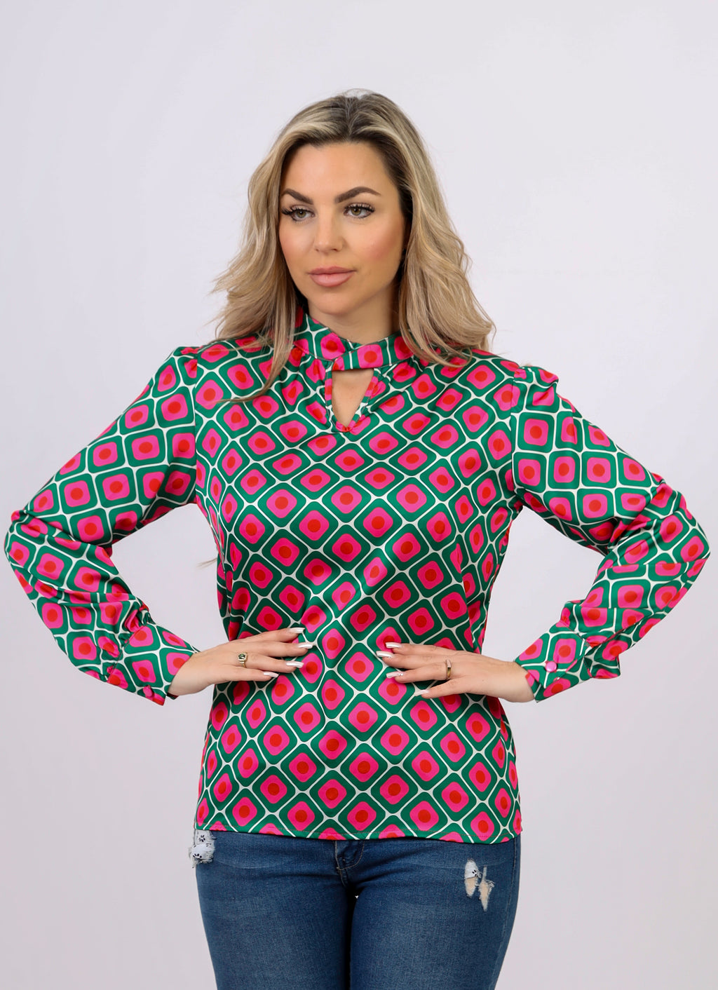 La Reine Green and Pink Block Satin Blouse