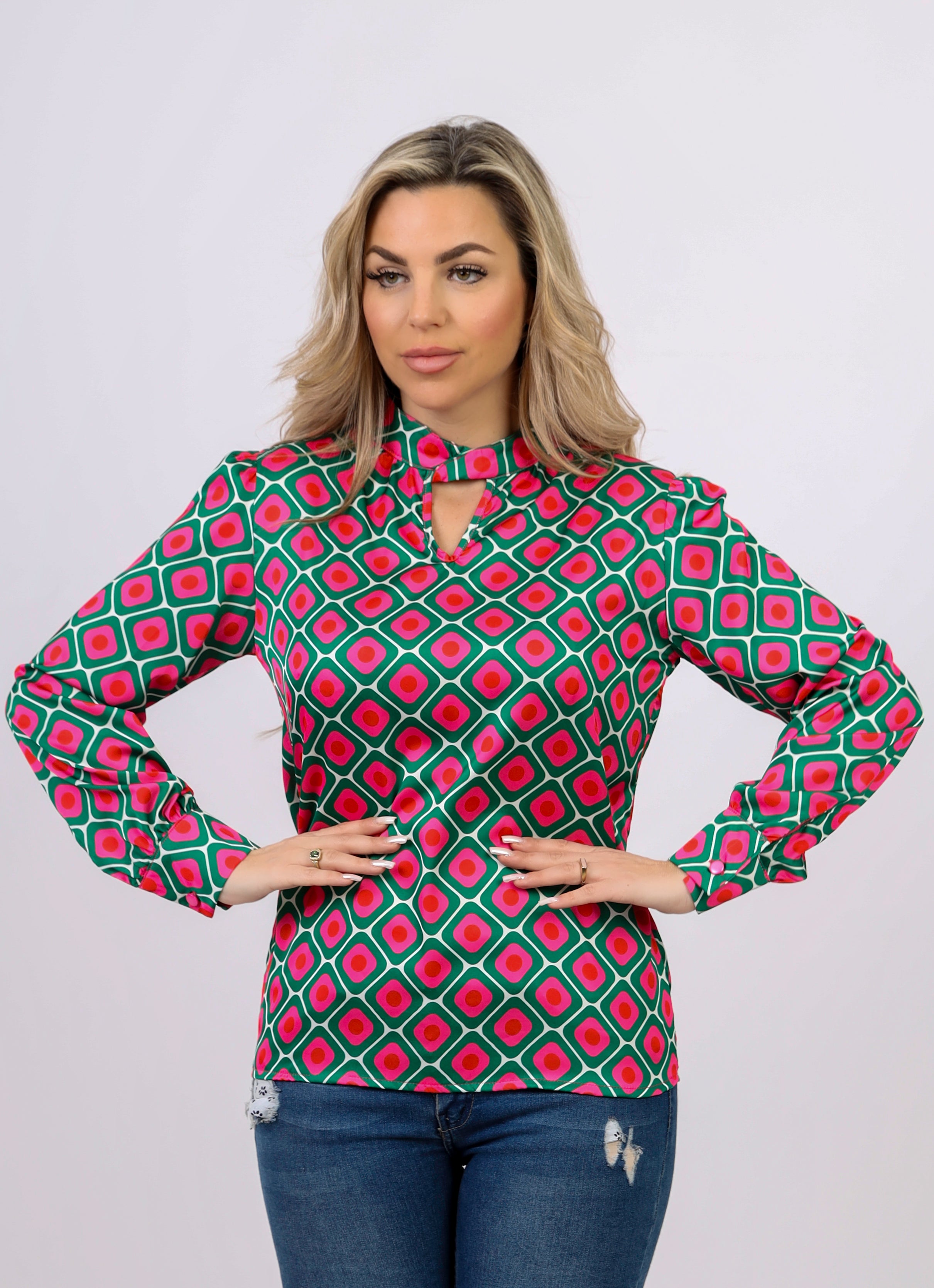 La Reine Green and Pink Block Satin Blouse