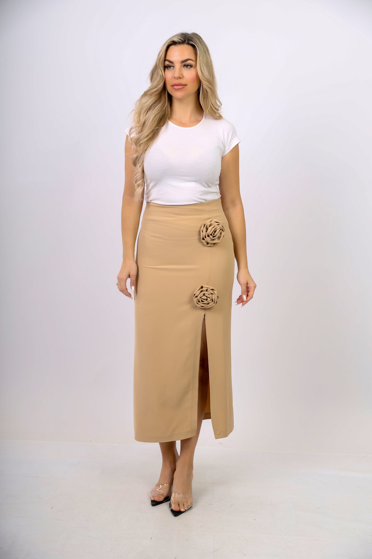 Plain 3D Flower Split Beige Skirt