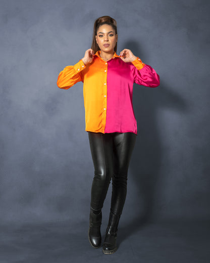 La Reine Two Tone Fuchsia and Orange Satin Blouse