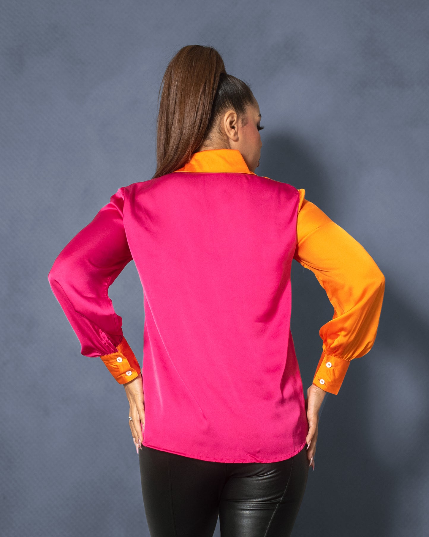 La Reine Two Tone Fuchsia and Orange Satin Blouse