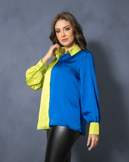 La Reine Two Tone Green and Blue Satin Blouse