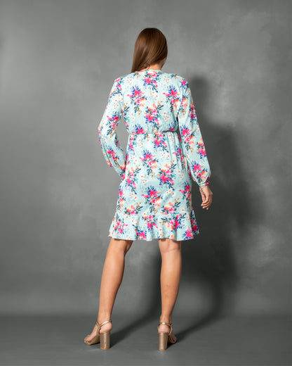 La Reine Floral Lantern Sleeve Ruffle Hem Wrap Mini Dress