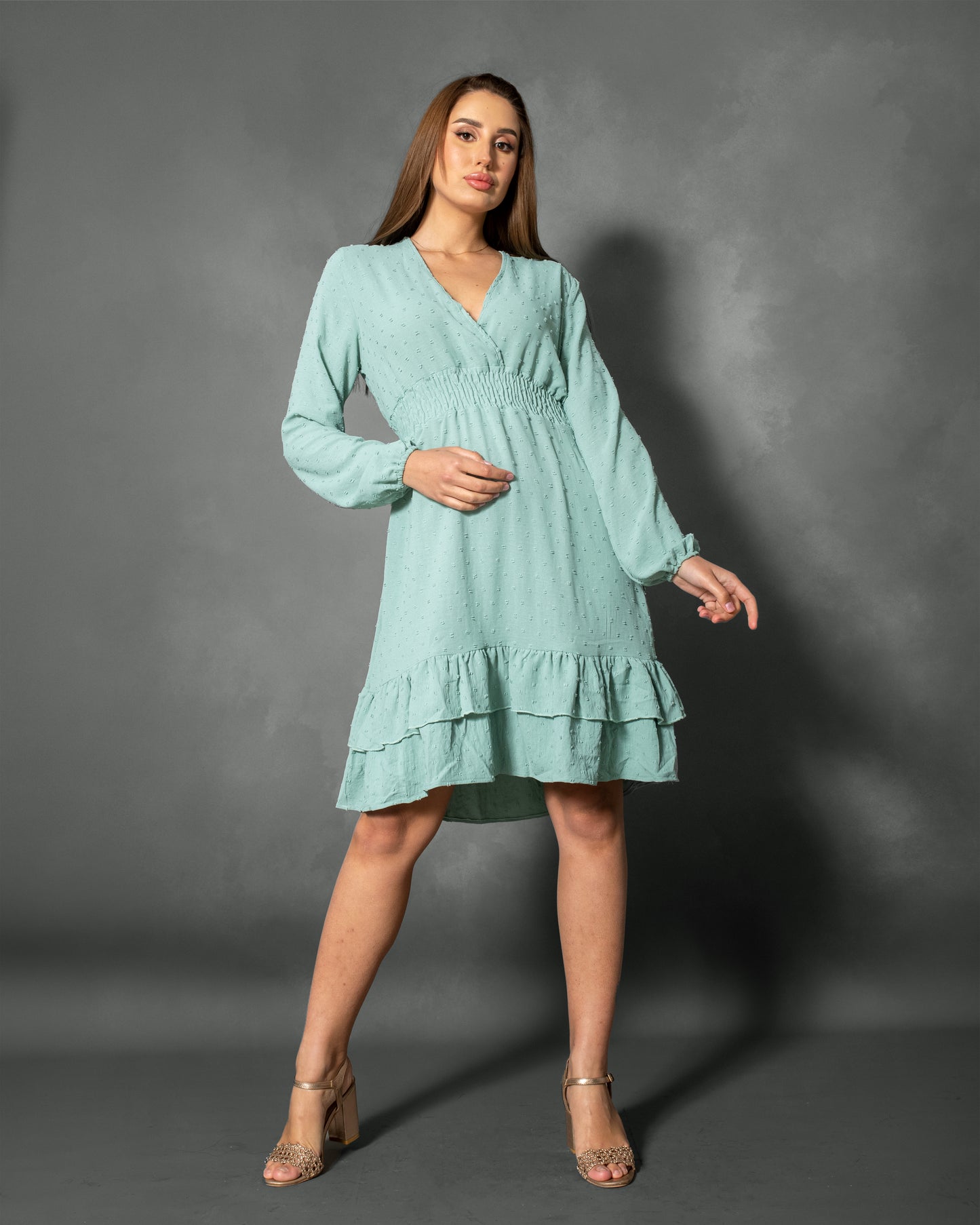 La Reine Swiss Dot V Neck Lantern Sleeve Layered Ruffle Hem Mint Dress