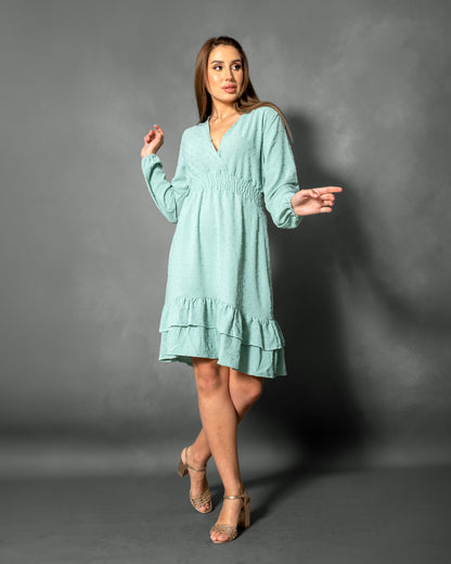 La Reine Swiss Dot V Neck Lantern Sleeve Layered Ruffle Hem Mint Dress