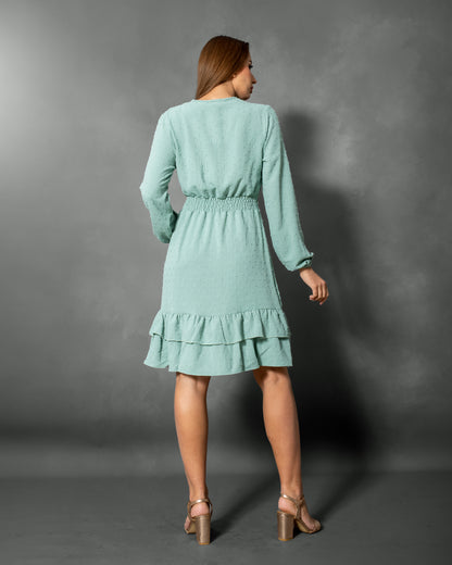 La Reine Swiss Dot V Neck Lantern Sleeve Layered Ruffle Hem Mint Dress