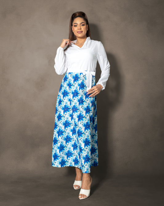 La Reine Floral and White With Lantern Sleeve Belted Maxi Dress