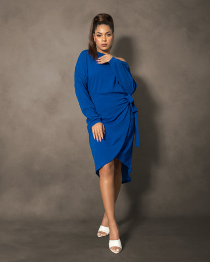 La Reine Asymmetrical Neck Tie Side Wrap Hem Blue Dress