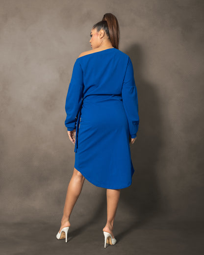 La Reine Asymmetrical Neck Tie Side Wrap Hem Blue Dress