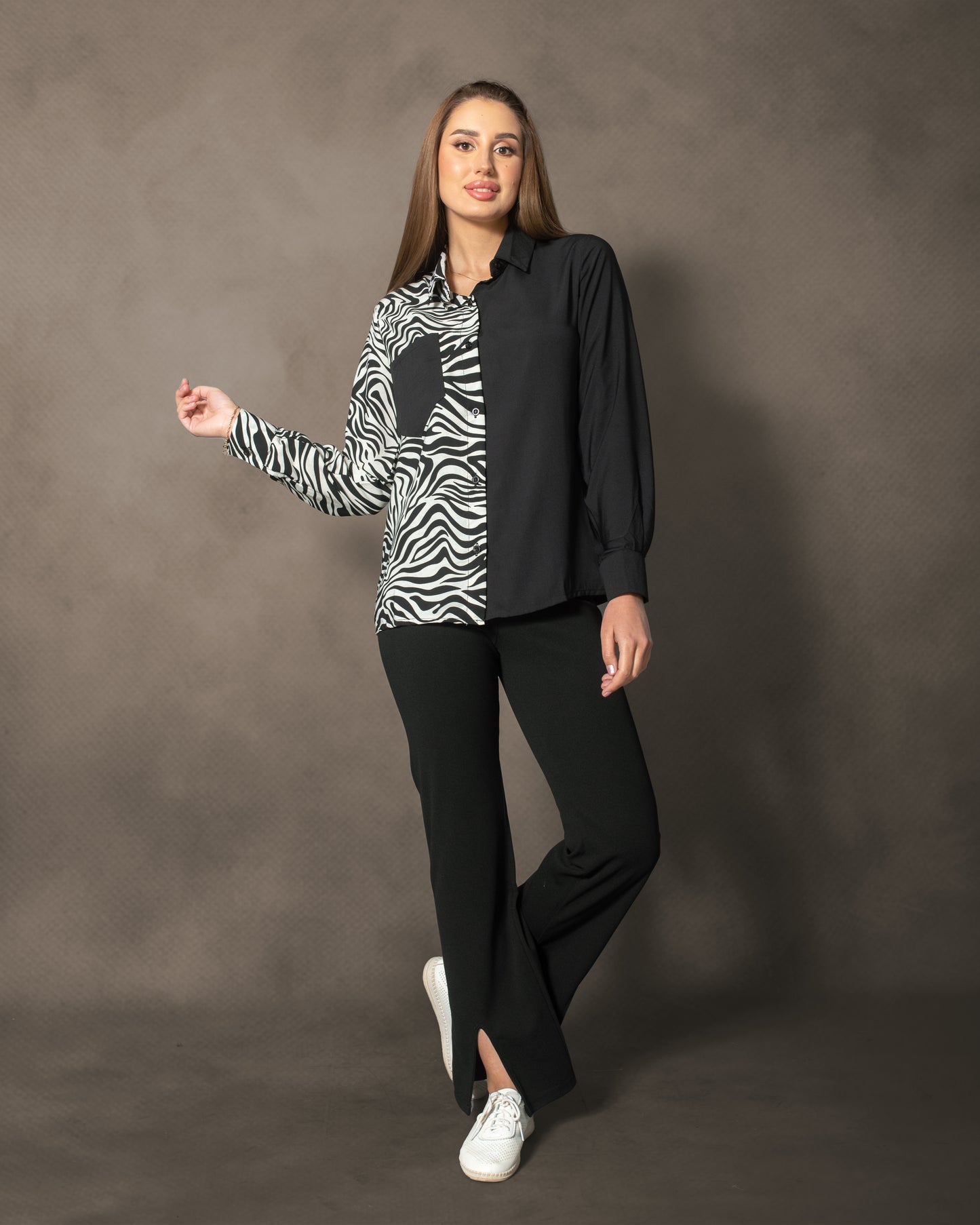 La Reine Two Tone Zebra and Black Blouse with Pocket