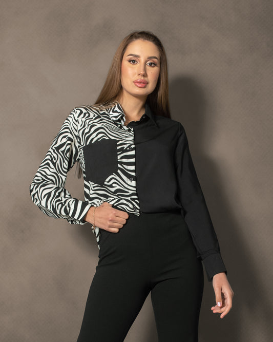 La Reine Two Tone Zebra and Black Blouse with Pocket