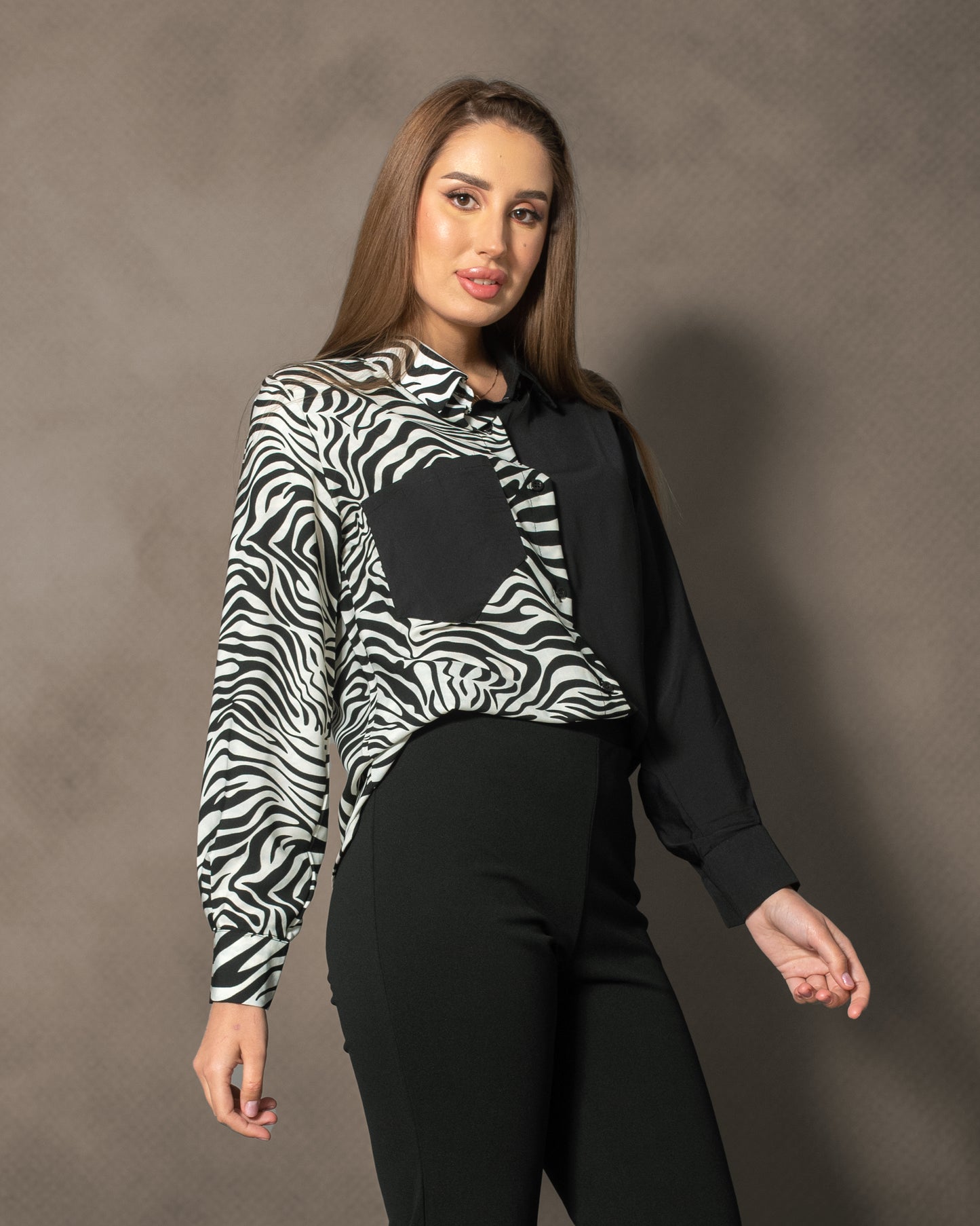 La Reine Two Tone Zebra and Black Blouse with Pocket