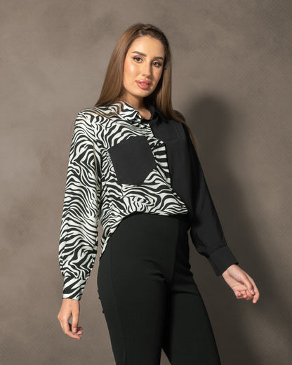 La Reine Two Tone Zebra and Black Blouse with Pocket