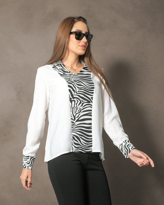 La Reine Two Tone White and Zebra Colorblock Contrast Collar Blouse