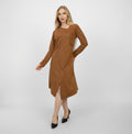 La Reine Camel Brown Long Sleeve Midi Dress with Asymmetrical Drape