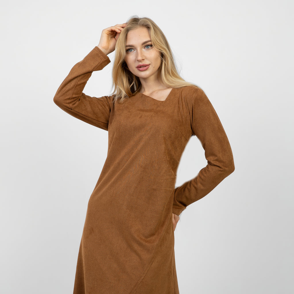 La Reine Camel Brown Long Sleeve Midi Dress with Asymmetrical Drape