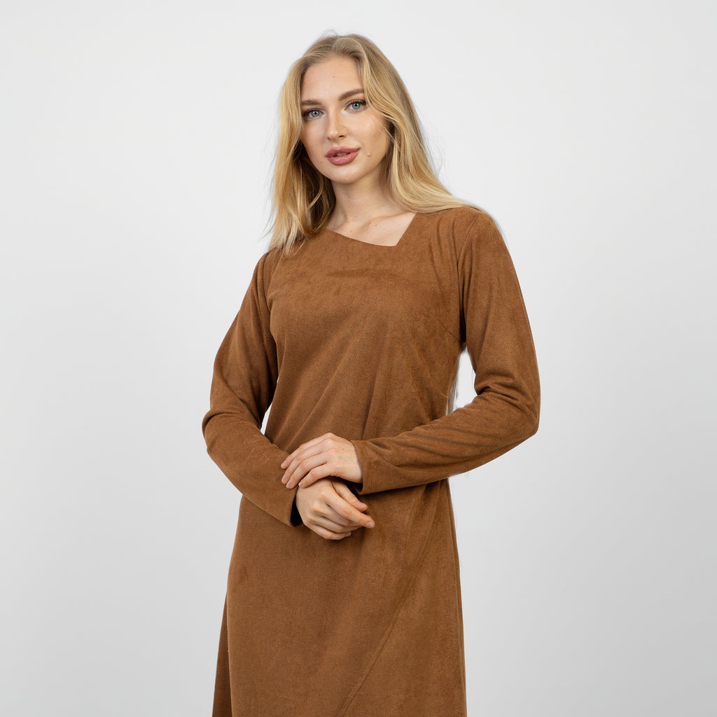 La Reine Camel Brown Long Sleeve Midi Dress with Asymmetrical Drape