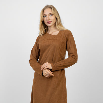 La Reine Camel Brown Long Sleeve Midi Dress with Asymmetrical Drape