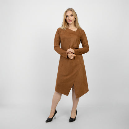 La Reine Camel Brown Long Sleeve Midi Dress with Asymmetrical Drape