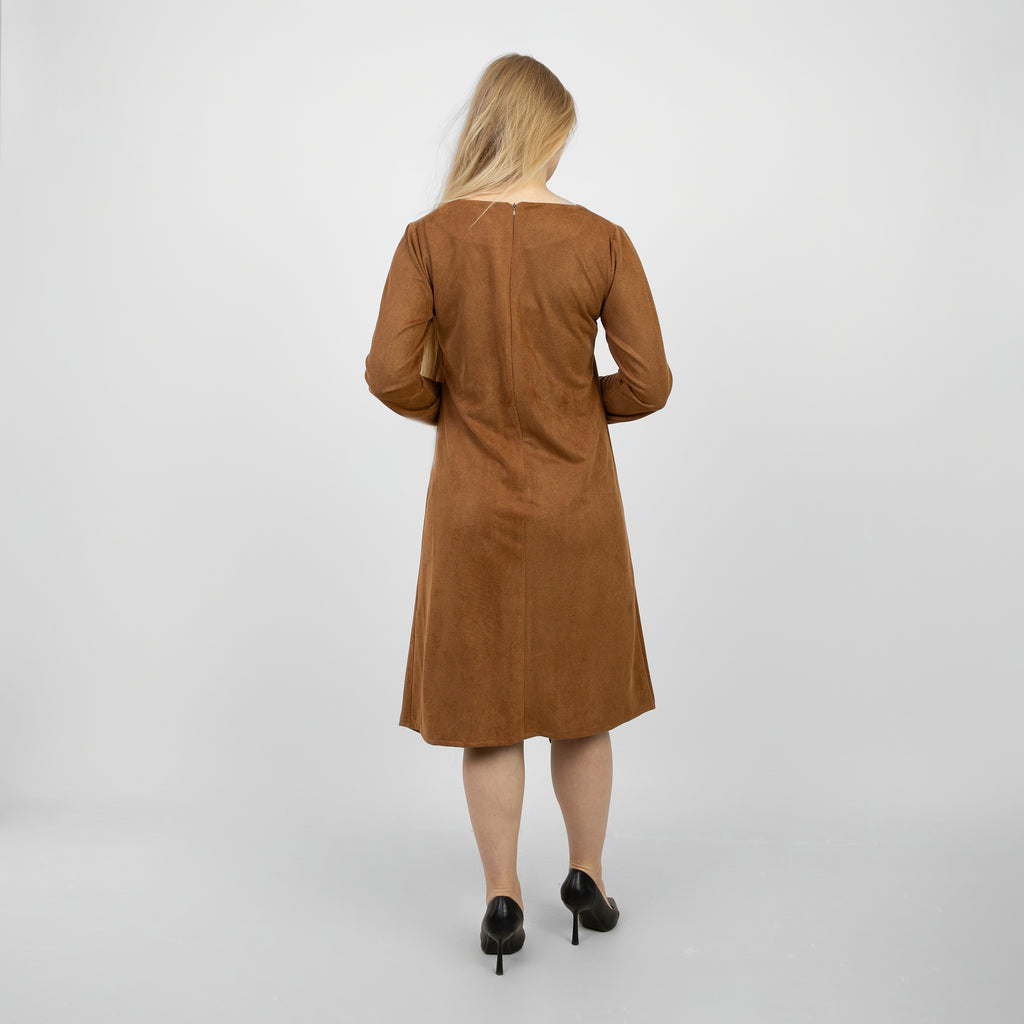 La Reine Camel Brown Long Sleeve Midi Dress with Asymmetrical Drape