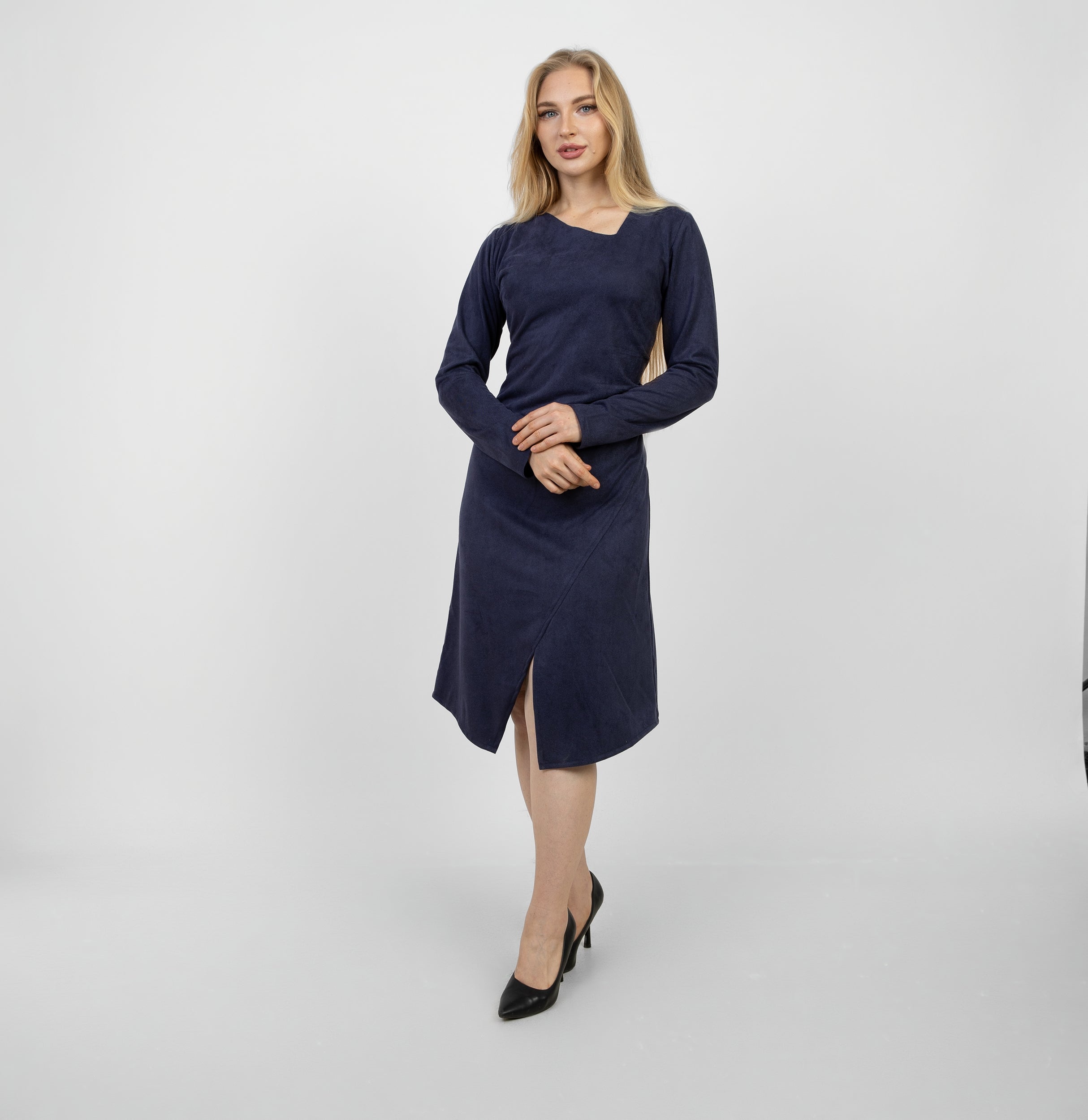 La Reine Blue Black Long Sleeve Midi Dress with Asymmetrical Drape