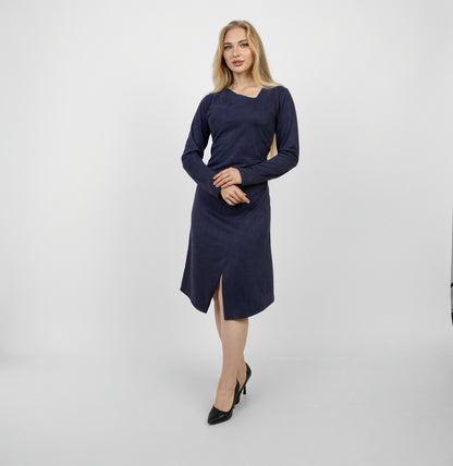 La Reine Blue Black Long Sleeve Midi Dress with Asymmetrical Drape