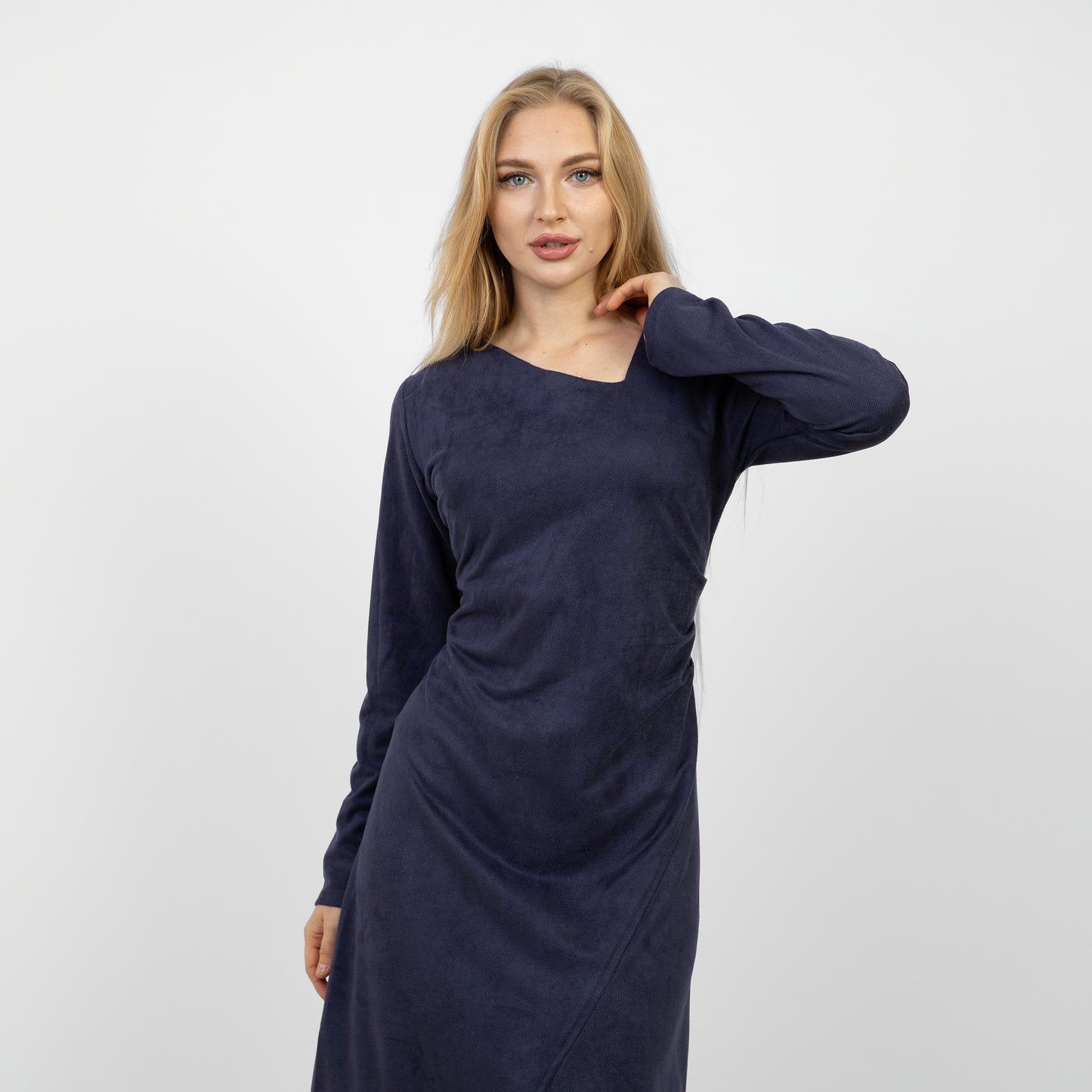 La Reine Blue Black Long Sleeve Midi Dress with Asymmetrical Drape