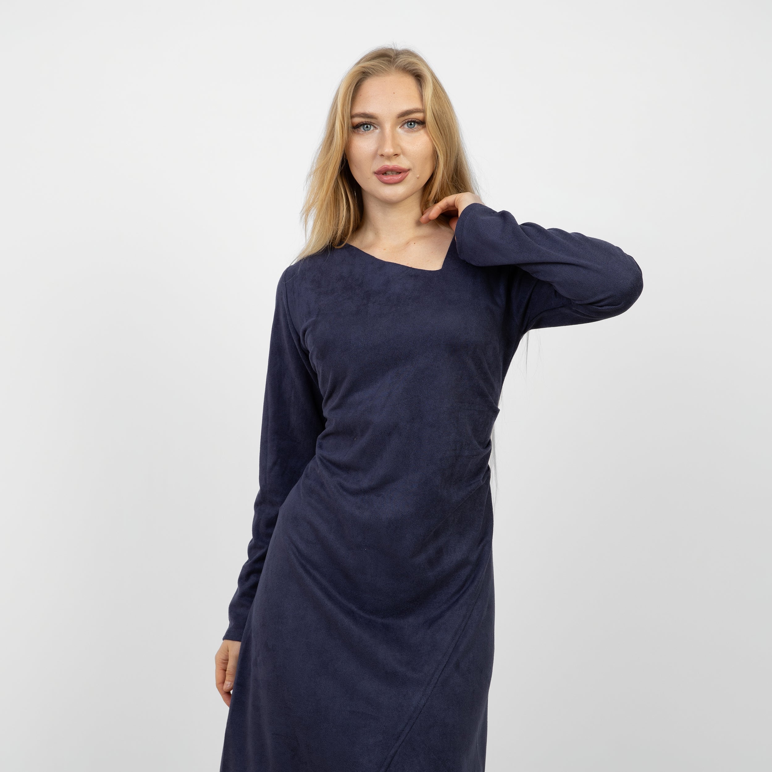 La Reine Blue Black Long Sleeve Midi Dress with Asymmetrical Drape
