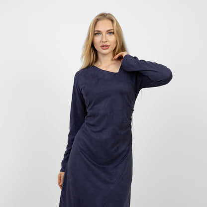 La Reine Blue Black Long Sleeve Midi Dress with Asymmetrical Drape
