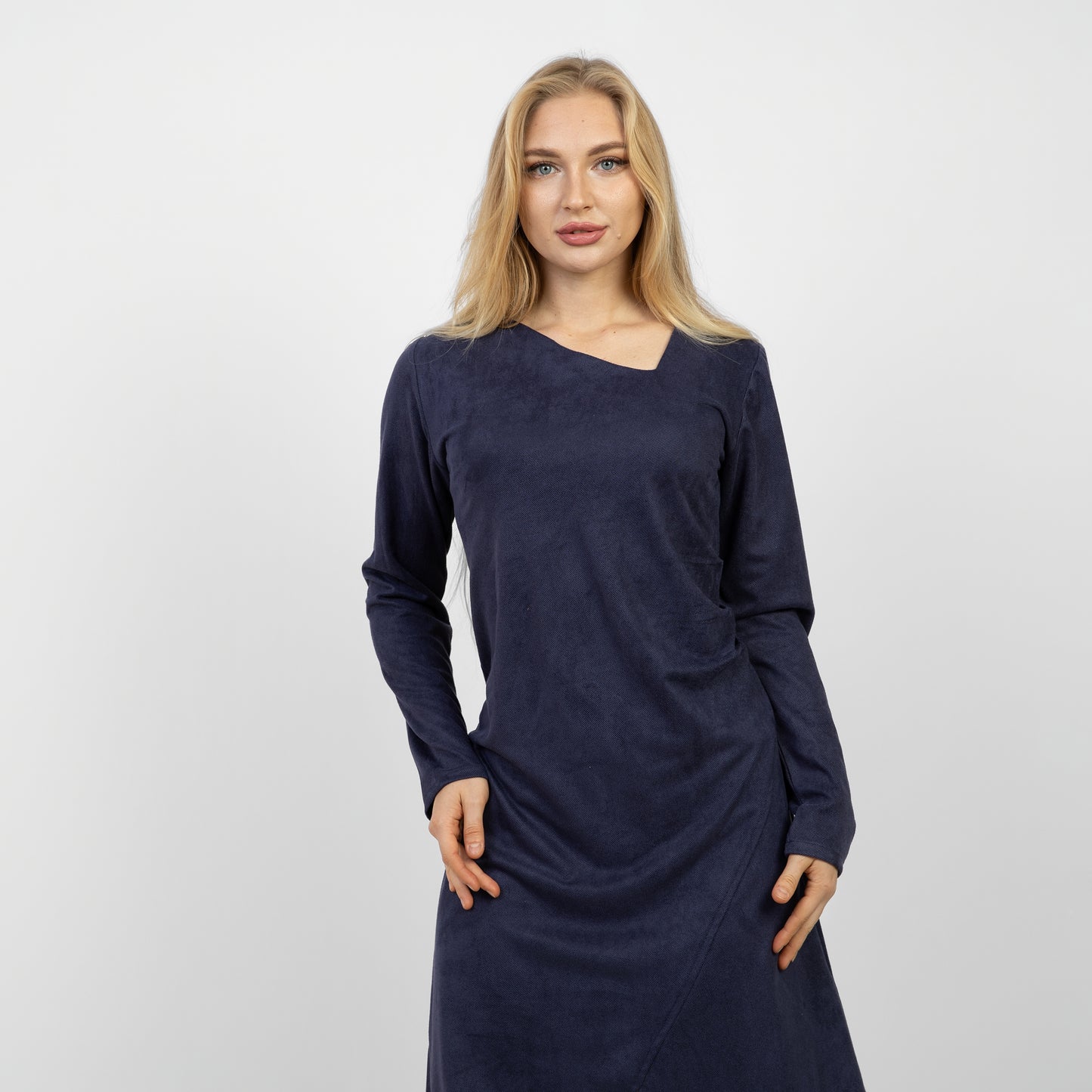 La Reine Blue Black Long Sleeve Midi Dress with Asymmetrical Drape
